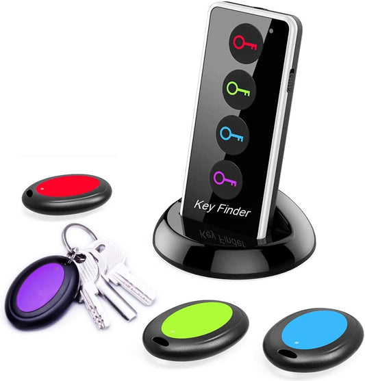 Key Finder, 80Db+ RF Item Locator Tags with 131Ft. Working Range, Wireless Remote Finder Key Finder Locator for Finding Wallet Key Phone Glasses Pet Tracker, 1 RF Transmitter & 4 Receivers