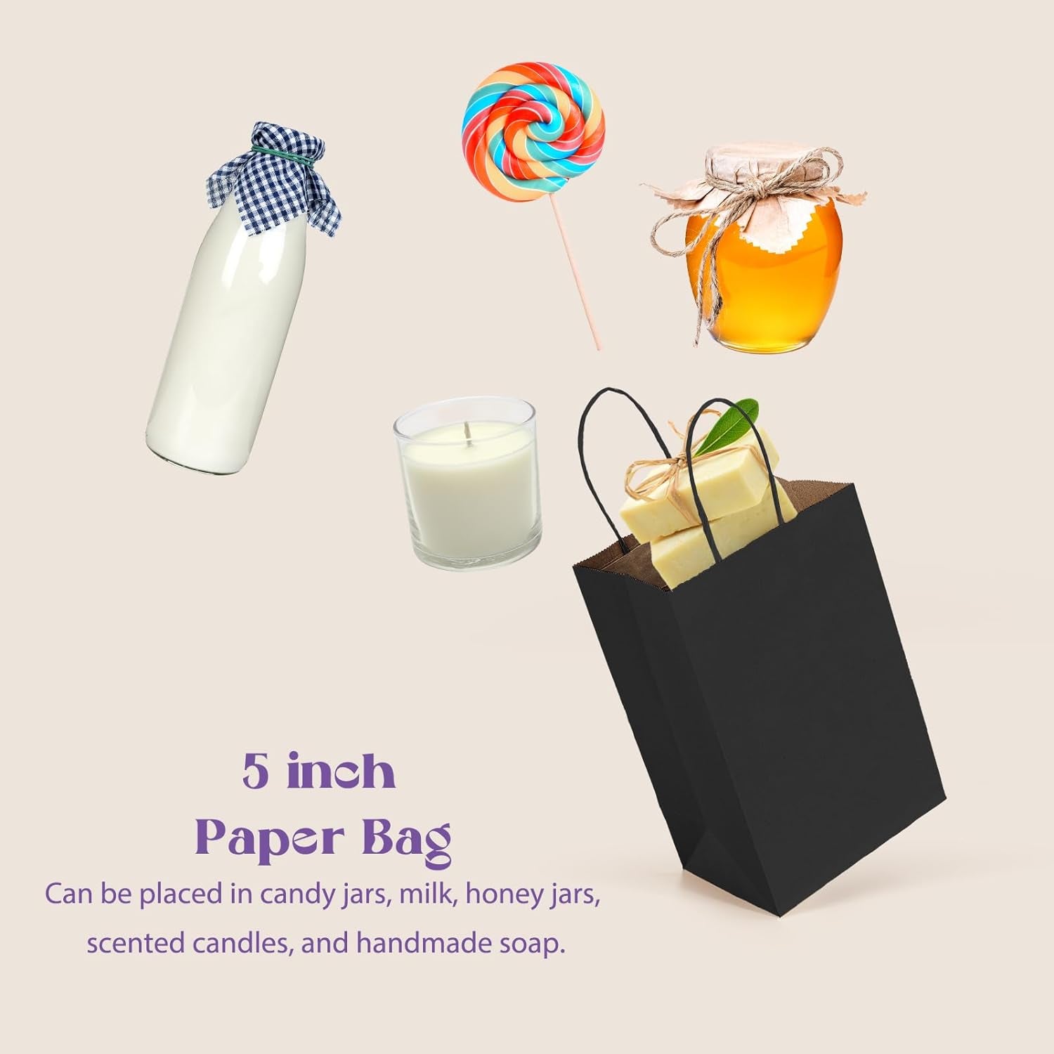 Paper Gift Bags 5.25X3.75X8 Black Small Paper Bags with Handles Bulk,100 Pcs Kraft Paper Bags for Small Business,Wedding Party Favor Bags