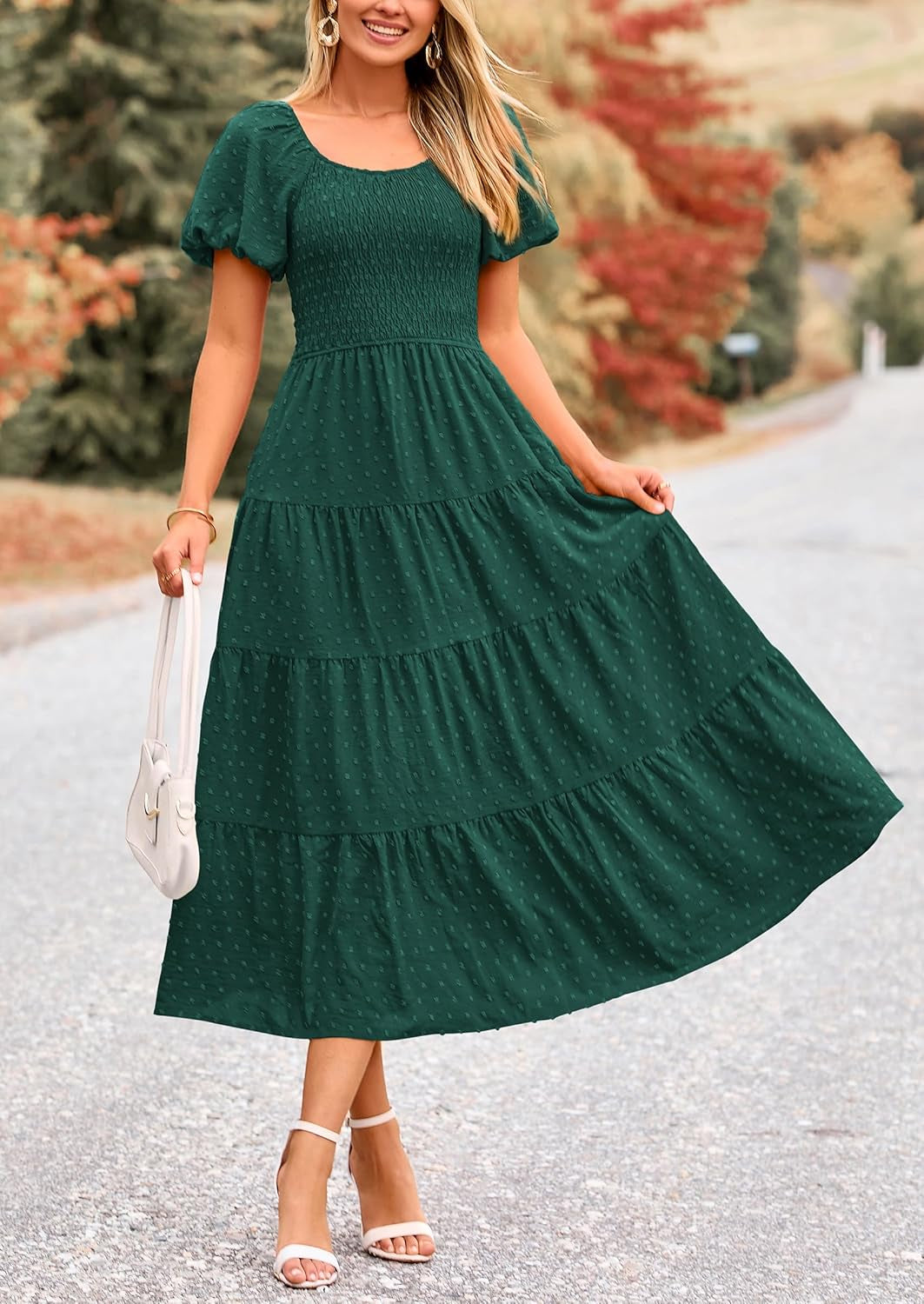 Women'S Summer Casual Midi Dress Puff Sleeve Swiss Dot Long Flowy a Line Dresses