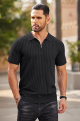 Men'S Zipper Polo Shirts Short Sleeve Ribbed Knit Polo T Shirts Fashion Casual Golf Shirts