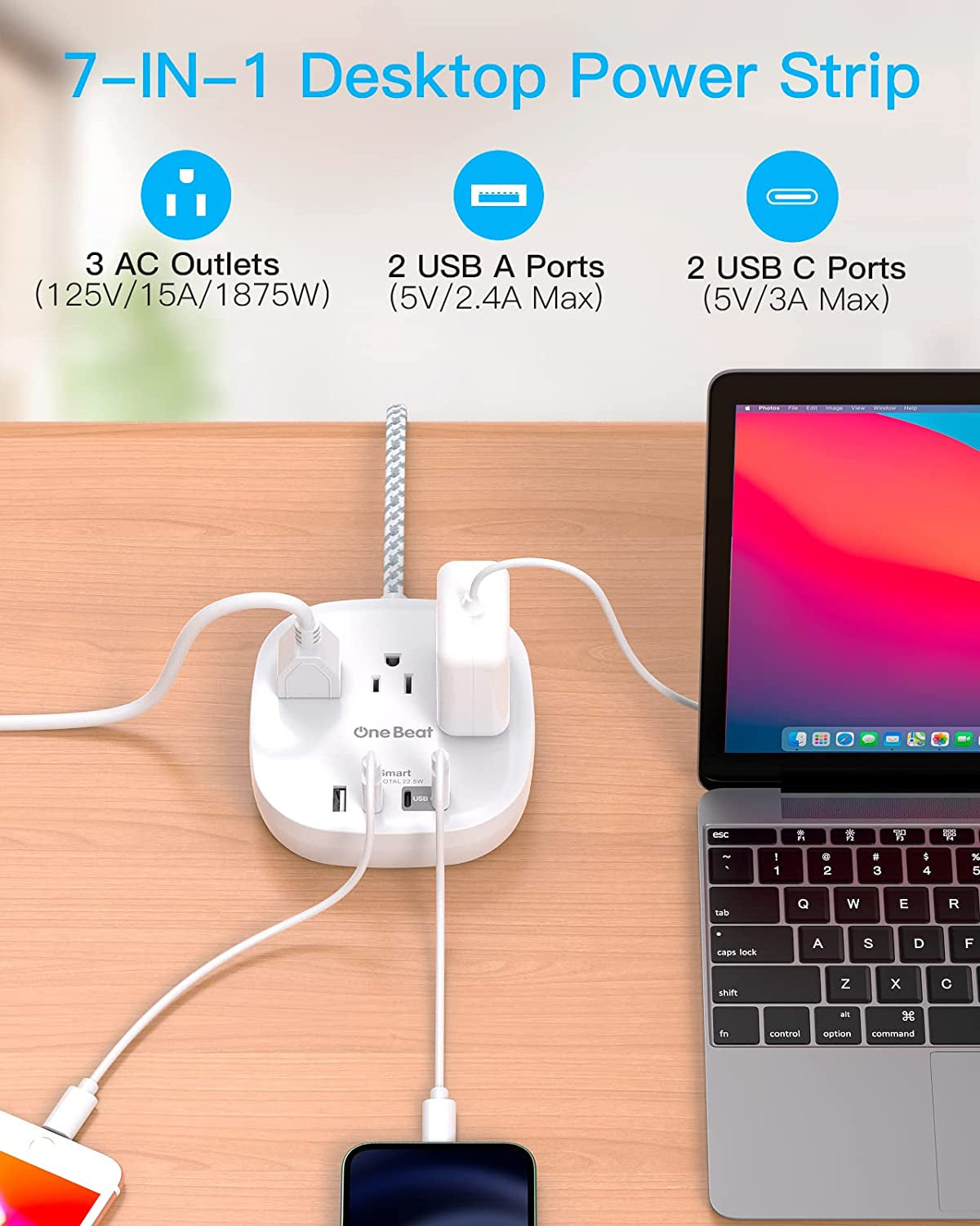 Flat Plug Power Strip, 5Ft Ultra Flat Extension Cord - 3 Outlets 4 USB Ports (2 USB C) 22.5W/4.5A Desktop Charging Station, No Surge Protection for Cruise Ship, Dorm Room Travel Essentials