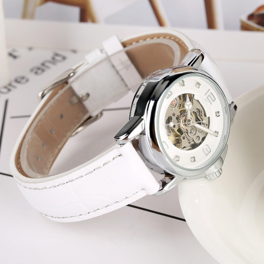 Luxury Women Automatic Watch Ladies White Leather Waterproof Automatic Mechanical Skeleton Watch