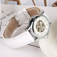 Luxury Women Automatic Watch Ladies White Leather Waterproof Automatic Mechanical Skeleton Watch