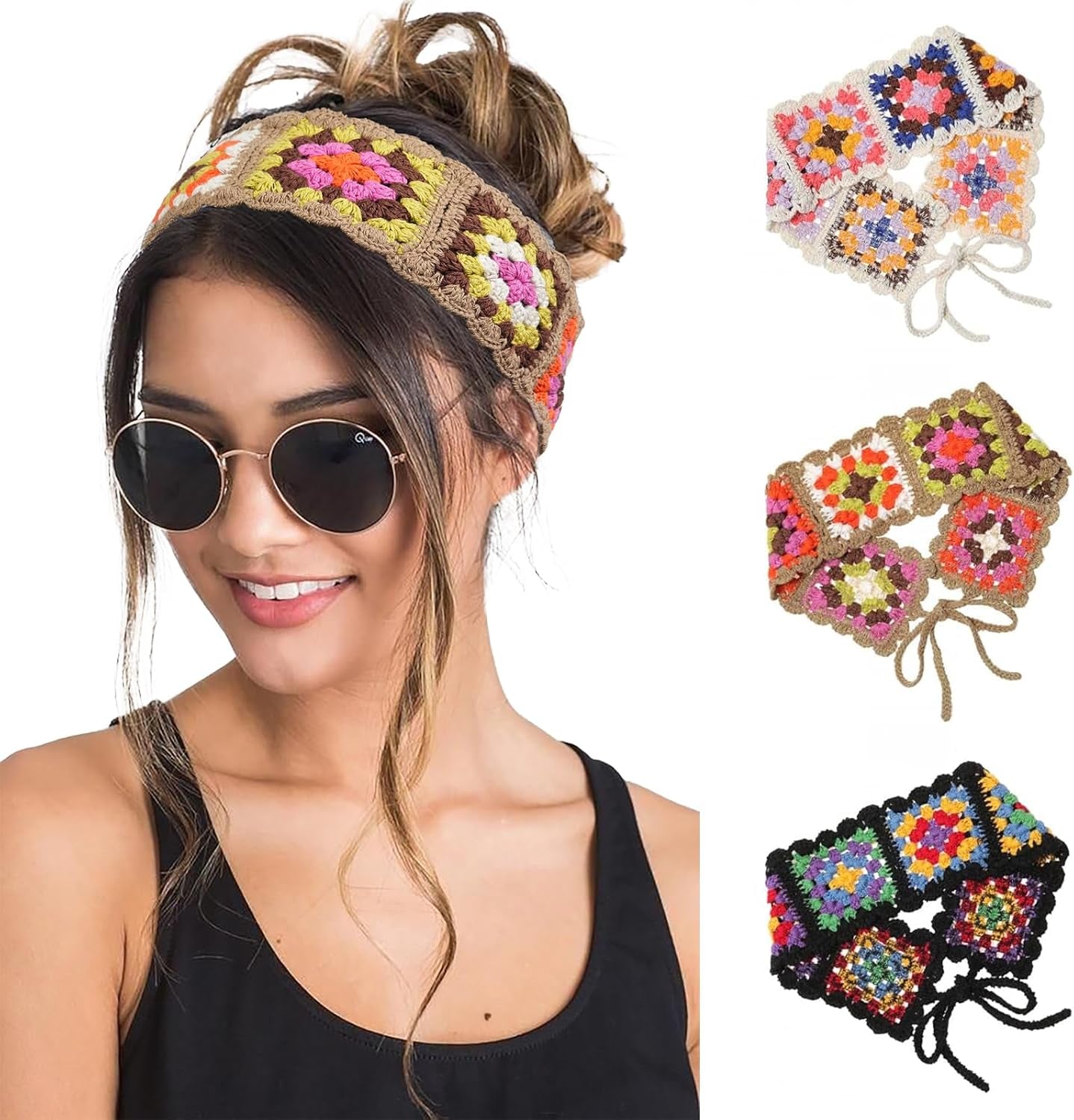 Hippie Hair Bandanas Headbands for Women Boho Headband Knit Hair Bands Floral Head Wrap for Girls(Black+White+Gray)