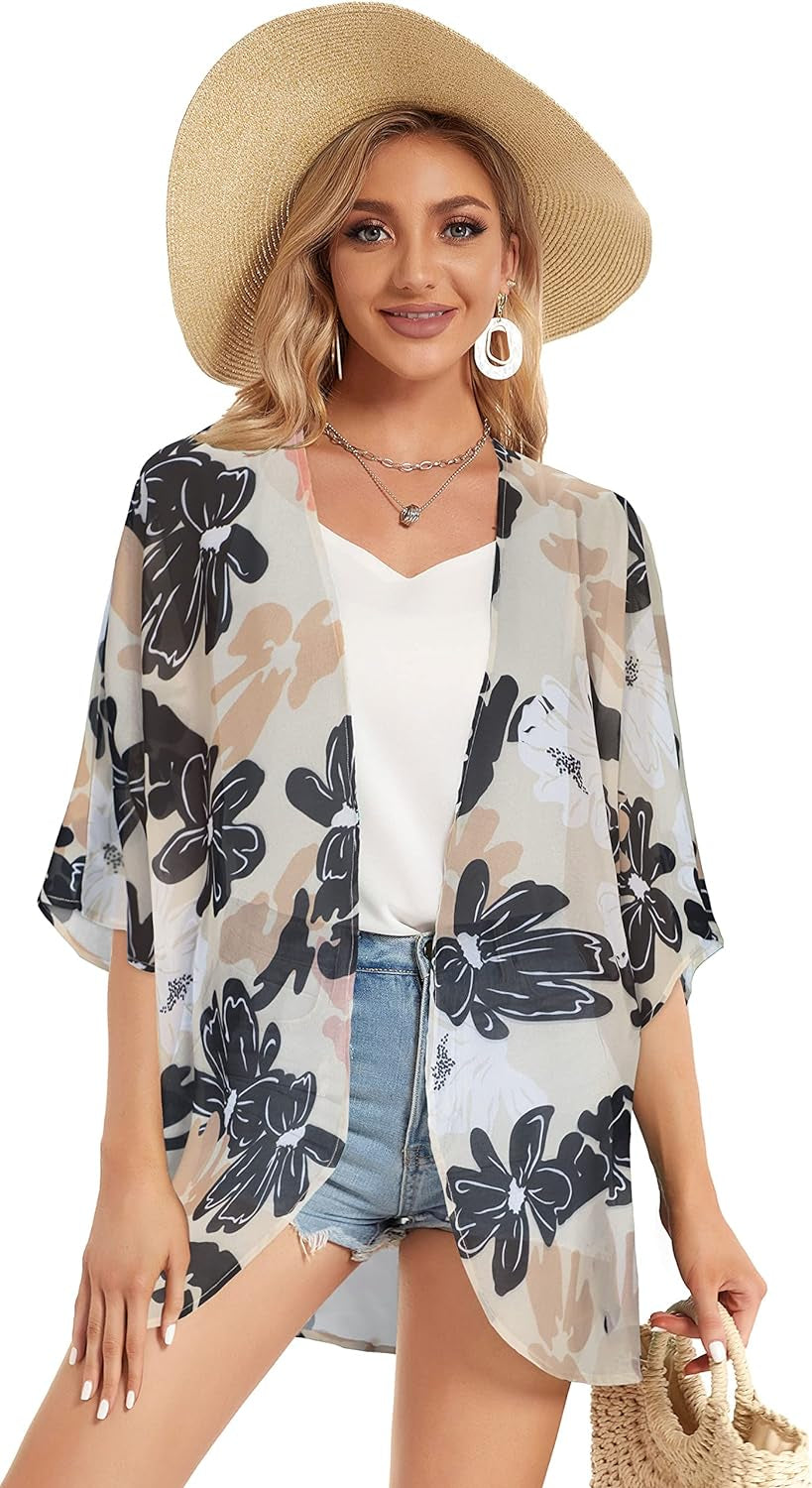 Women'S Floral Print Short Sleeve Shawl Chiffon Kimono Cardigan Casual Blouse