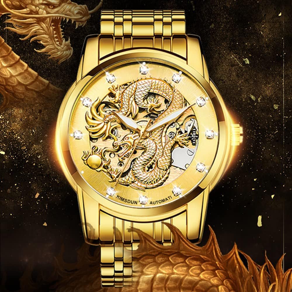 Men Boy Luxury Gold Dragon Carved Dial Diamond Automatic Skeleton Mechanical Watch Casual Waterproof Sport Wristwatch