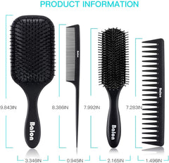 (Black) - 4Pcs Paddle Hair Brush, Detangling Brush and Hair Comb Set for Men and Women, Great on Wet or Dry Hair, No More Tangle Hairbrush for Long Thick Thin Curly Natural Hair (Black)