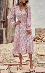 Women'S Casual Long Sleeve Midi Fall Dress Boho Pleated V Neck Ruffled Vintage Floral Print Flowy Long Dresses