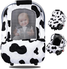 Car Seat Covers for Babies, Minky Dot Baby Car Seat Cover, Universal Infant Carseat Canopy with Breathable Mesh Peep Window & Storage Pocket, Cow Print Stroller Cover for Newborn