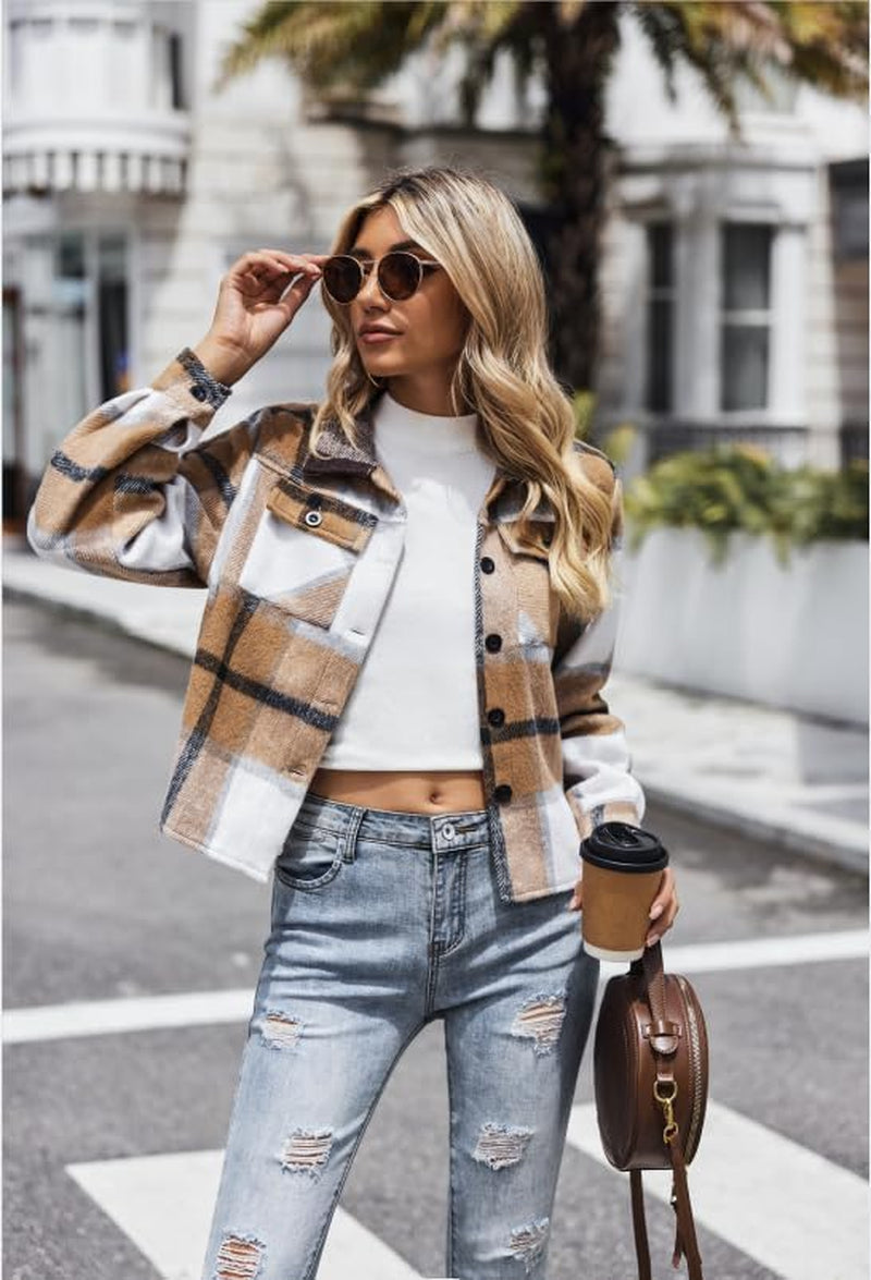 Flannels for Women Cropped Shacket Jacket Fashion Plaid Button down Shirt 2023 Fall Coat Tops