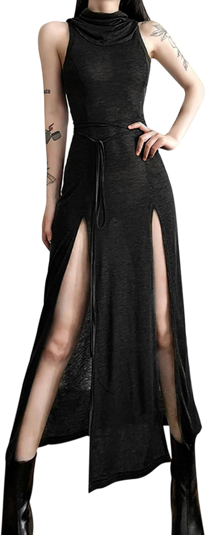 Women'S Gothic Desert Walker Hooded Sleeveless Dress Y2K Punk Side Split Hollow Out Midi Dress Party Club Streetwear