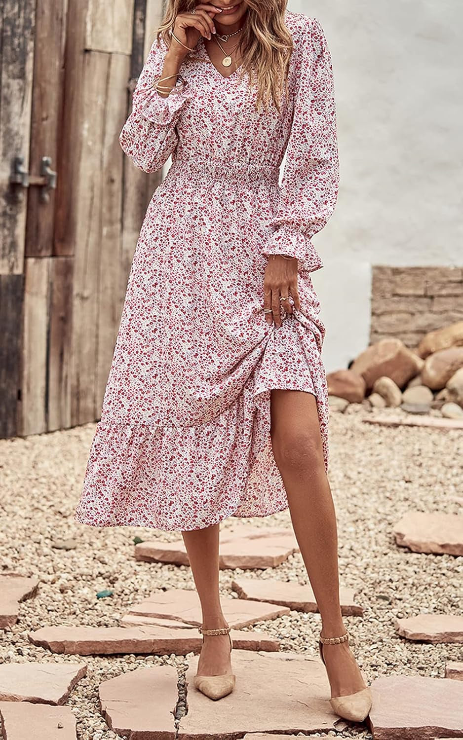 Women'S Casual Long Sleeve Midi Fall Dress Boho Pleated V Neck Ruffled Vintage Floral Print Flowy Long Dresses