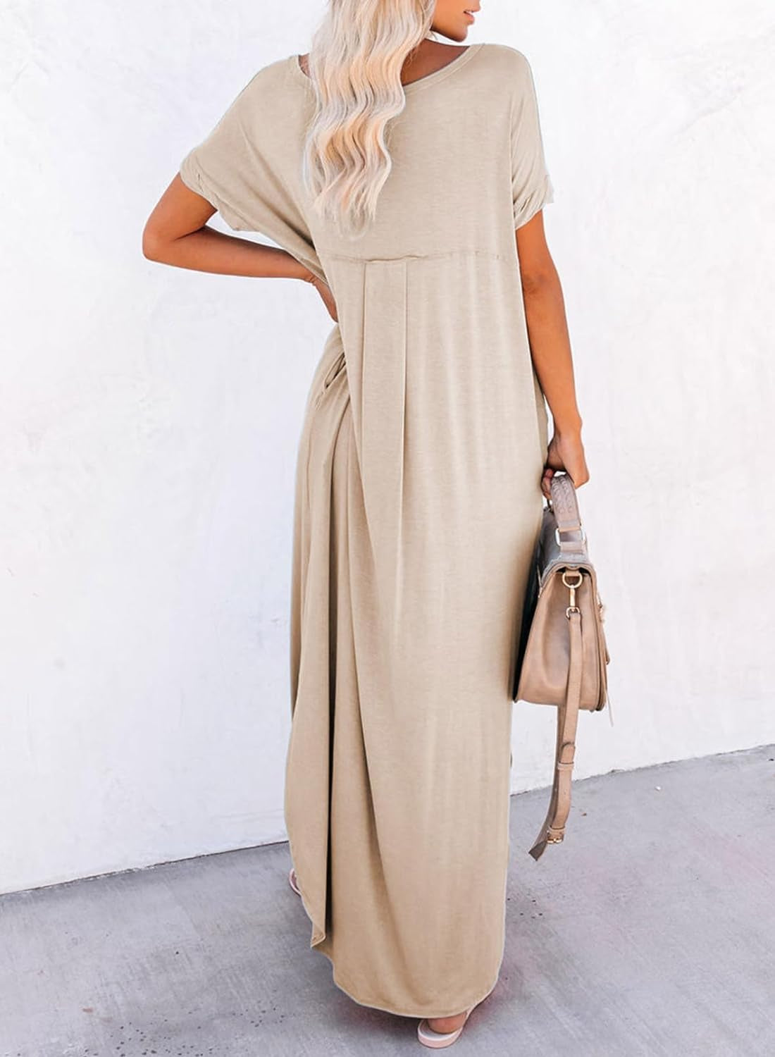 Womens Summer Fashion Long Dress Short Sleeve Casual Loose Split Maxi Beach Dresses with Pockets