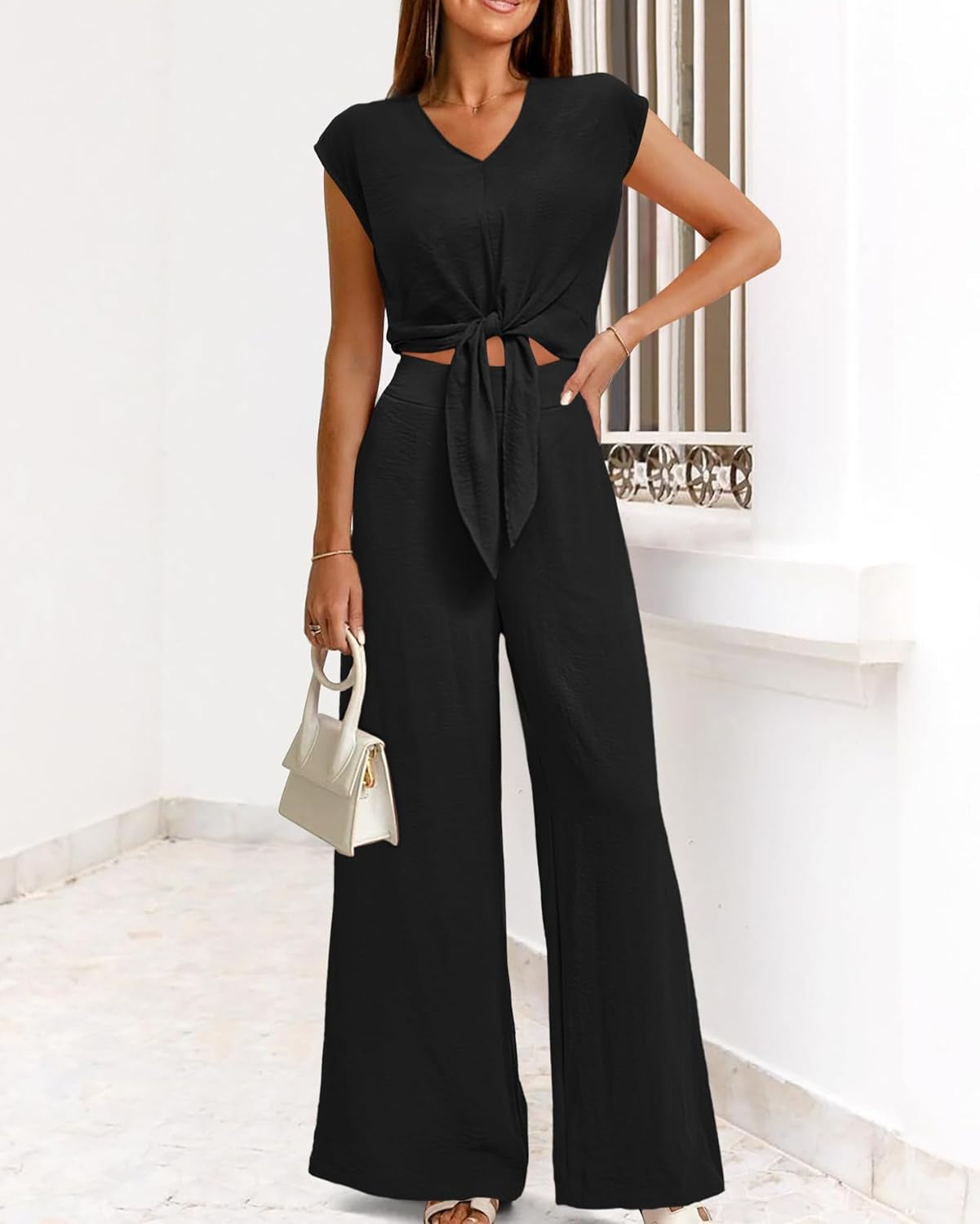 Women'S Summer 2 Piece Outfits 2024 Cap Sleeve V Neck Belted Crop Tops Wide Leg Pant Sets Casual Tracksuit