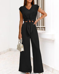 Women'S Summer 2 Piece Outfits 2024 Cap Sleeve V Neck Belted Crop Tops Wide Leg Pant Sets Casual Tracksuit