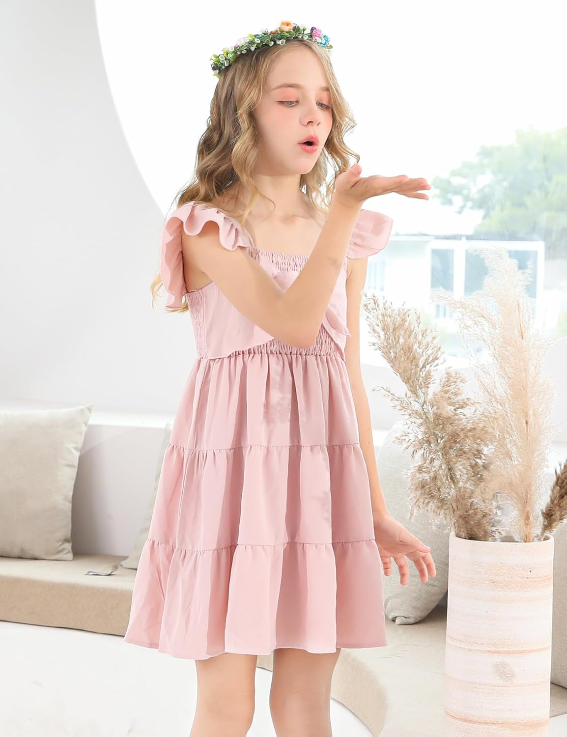 Ahegao 5-12T Girls Dress for Kids Square Neck Flutter Dresses Summer Dressy Frocks