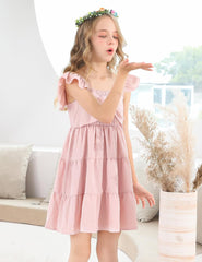 Ahegao 5-12T Girls Dress for Kids Square Neck Flutter Dresses Summer Dressy Frocks