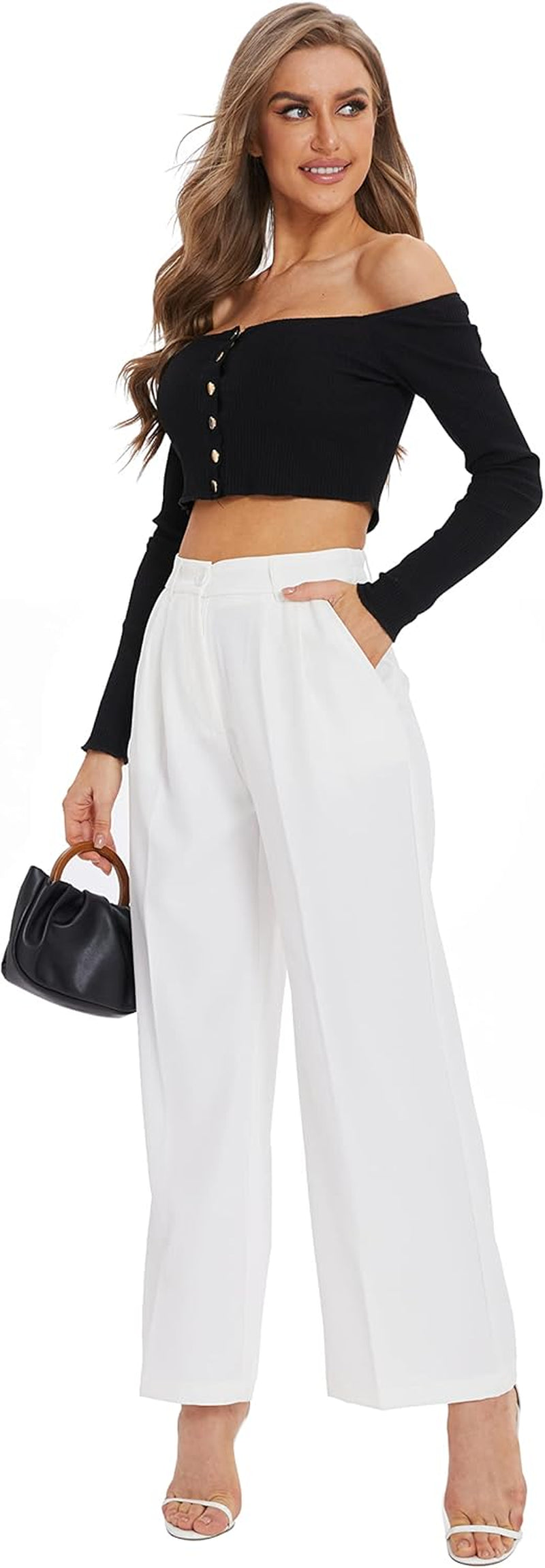 Women'S Wide Leg Pants High Elastic Waisted in the Back Business Work Trousers Long Straight Suit Pants