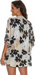 Women'S Floral Print Short Sleeve Shawl Chiffon Kimono Cardigan Casual Blouse