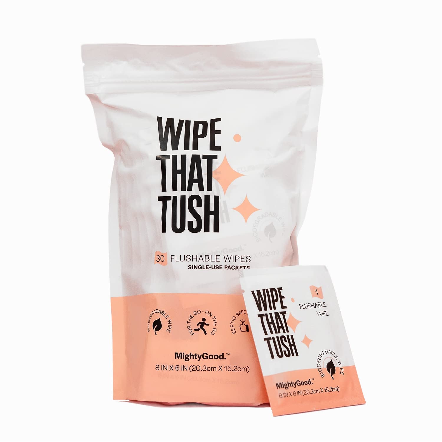 Wipe That Tush On-The-Go Flushable Wet Wipes - 1 Pack, 30 Wipes - Individually Wrapped Extra-Large Wipes with Aloe - Hypoallergenic & Unscented - Septic and Sewer Safe