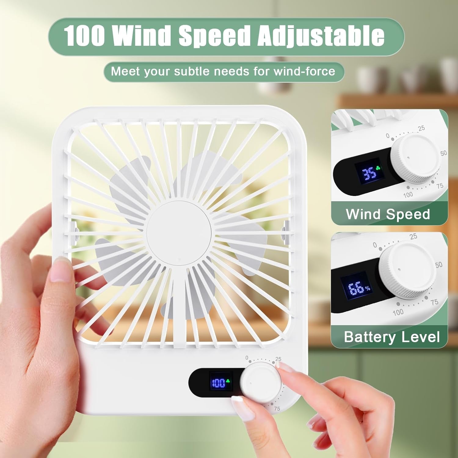 Travel Fan for Sleeping, Portable Fan for Travel Rechargeable with Digital Display, 100 Speed Wind Personal USB Fan with Variable Speed Knob, Small Desk Fan for Bedroom Office Home, White