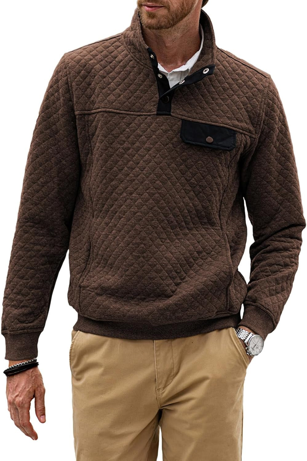 Men'S Quilted Sweatshirt Casual Long Sleeve Outdoor Stand Collar Button Pullover Sweatshirts