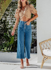 Women'S Wide Leg Jeans High Waisted Stretchy Straight Leg Jeans Buttoned Loose Denim Pants with Pocket