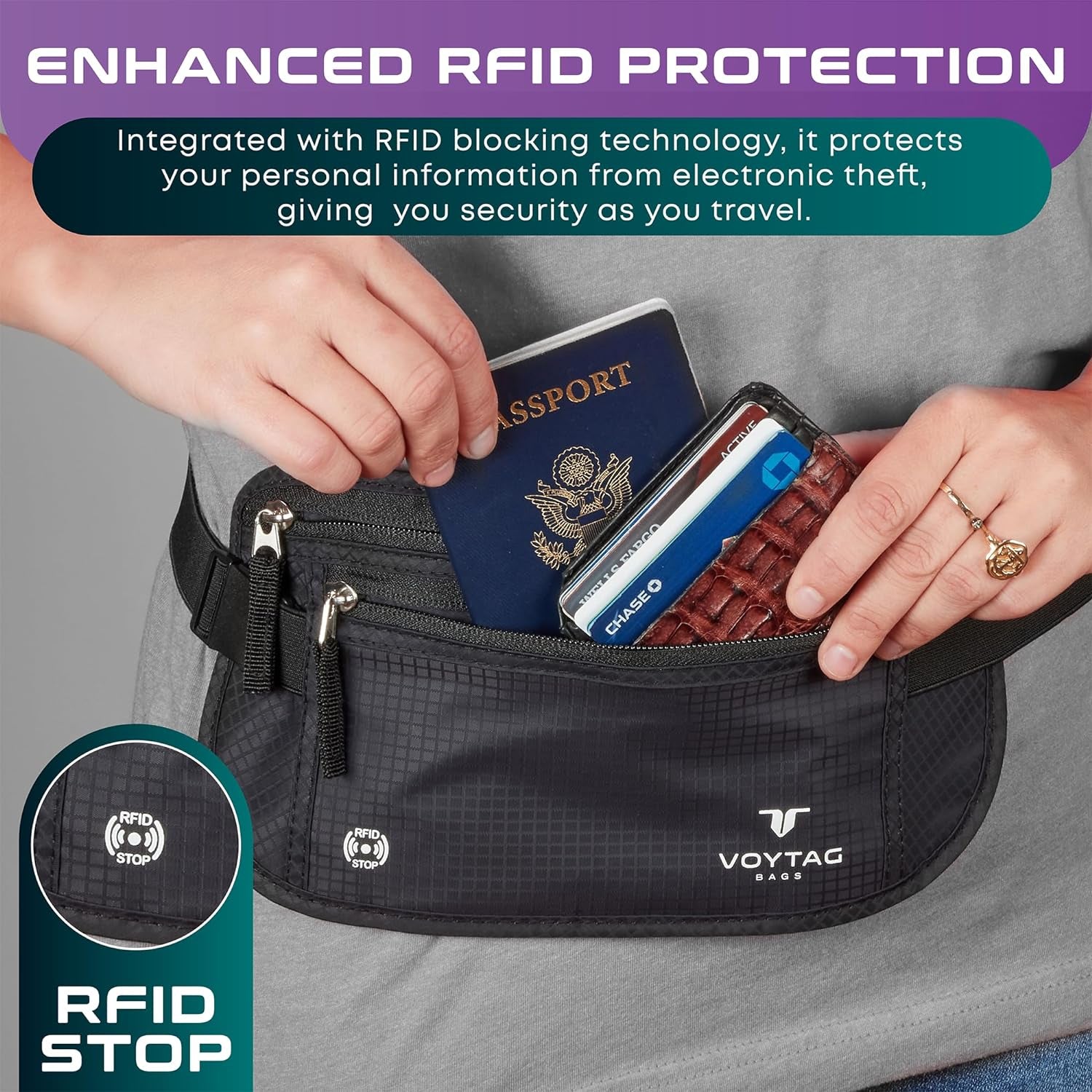 Travel Money Belt & Passport Holder - RFID Blocking Slim Travel Wallet & Fanny Pack for Men and Women - Essential Travel Pouch for Cash, Credit Cards, and Documents