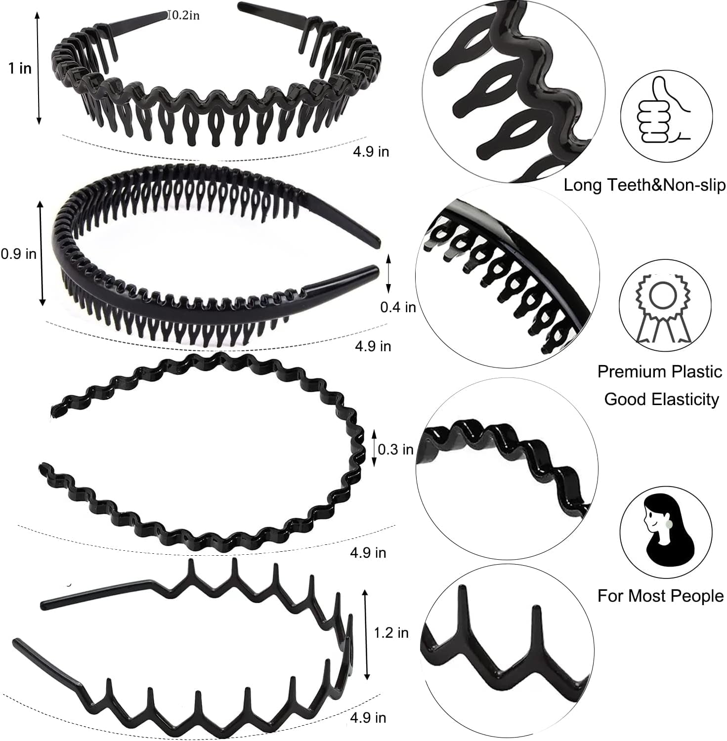 8 PCS Fashion No Slip Effortless Plastic Headbands with Teeth Comb Black Skinny Headbands Hair Bands for Women Men Teen Girls, Classic Black Bright