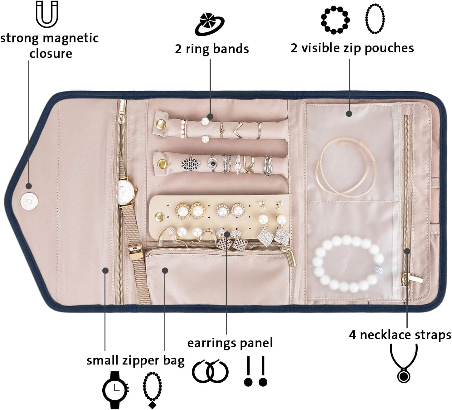 Travel Jewelry Organizer Roll Foldable Jewelry Case for Journey-Rings, Necklaces, Bracelets, Earrings, Smokey Blue