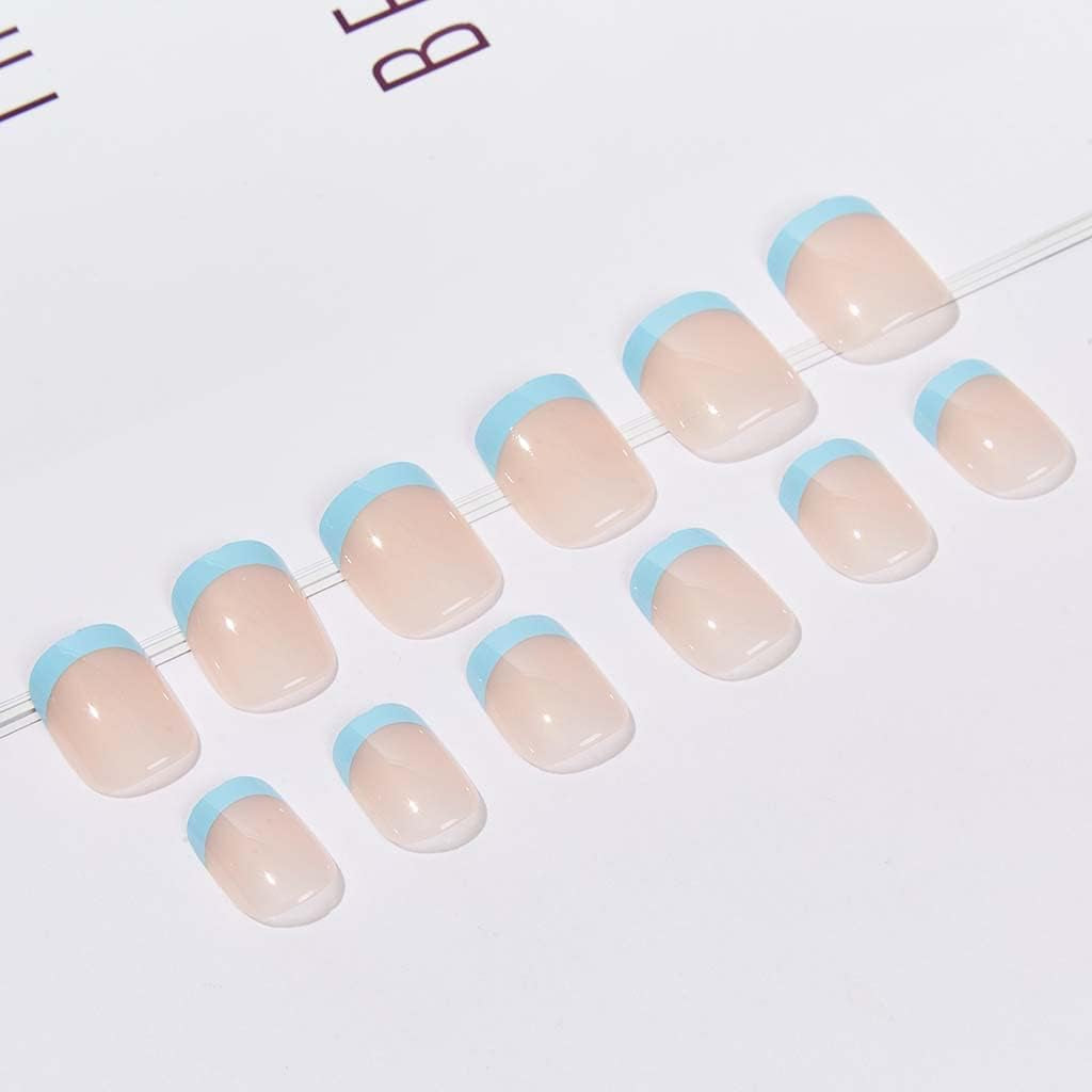 Press on Nails French Tip Nails Oval Nail Tips Glossy Fake Nails False Nails with Design Full Cover Acrylic Nails (Blue)