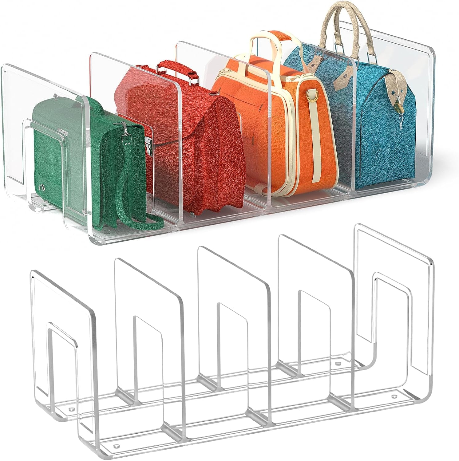 2Pcs Clear Plastic Purse Handbag Organizer 4 Sections Bag Closet Shelf Divider Purse Display Stand Handbag Storage Organizer Clear Desk File Sorter Stand Holder Bookshelf (2)