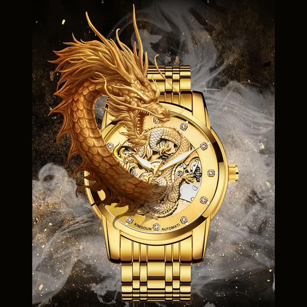 Men Boy Luxury Gold Dragon Carved Dial Diamond Automatic Skeleton Mechanical Watch Casual Waterproof Sport Wristwatch