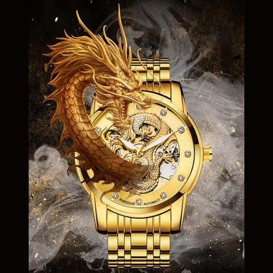 Men Boy Luxury Gold Dragon Carved Dial Diamond Automatic Skeleton Mechanical Watch Casual Waterproof Sport Wristwatch