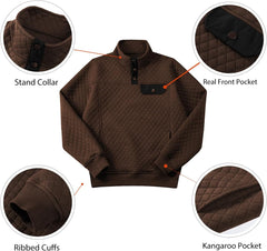 Men'S Quilted Sweatshirt Casual Long Sleeve Outdoor Stand Collar Button Pullover Sweatshirts