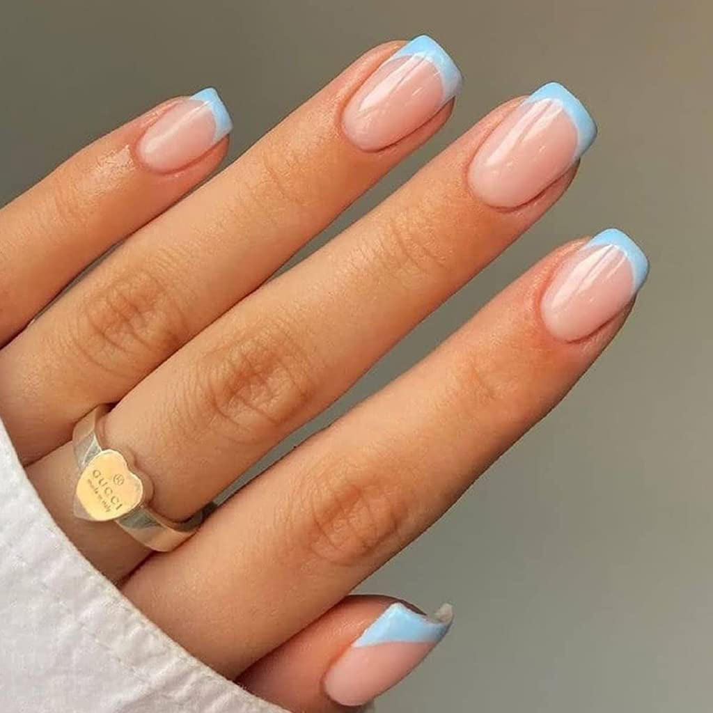 Press on Nails French Tip Nails Oval Nail Tips Glossy Fake Nails False Nails with Design Full Cover Acrylic Nails (Blue)