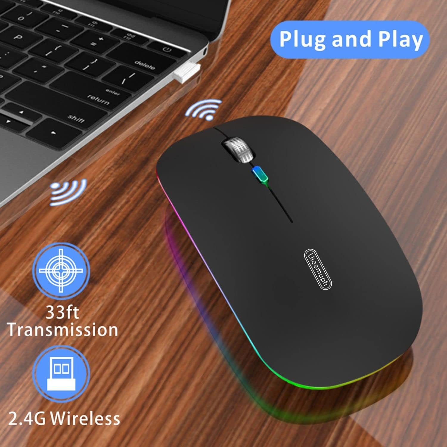LED Wireless Mouse, G12 Slim Rechargeable Wireless Silent Mouse, 2.4G Portable USB Optical Wireless Computer Mice with USB Receiver and Type C Adapter (Matte Black)