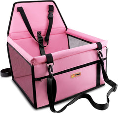 Pet Reinforce Car Booster Seat for Dog Cat Portable and Breathable Bag with Seat Belt Dog Carrier Safety Stable for Travel Look Out,With Clip on Leash with PVC Tube, Pink