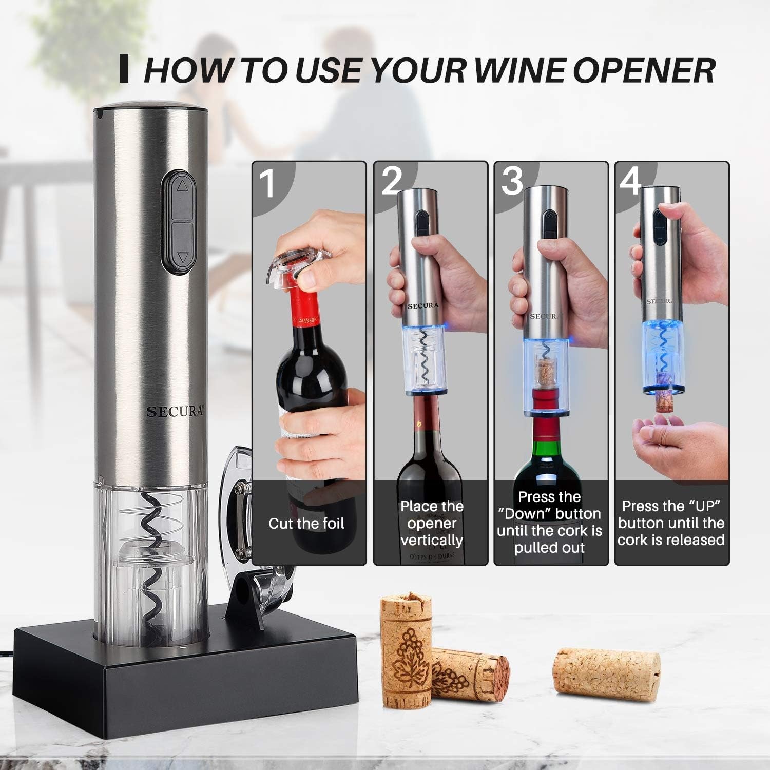 Electric Wine Opener, Automatic Electric Wine Bottle Corkscrew Opener with Foil Cutter, Rechargeable (Stainless Steel)