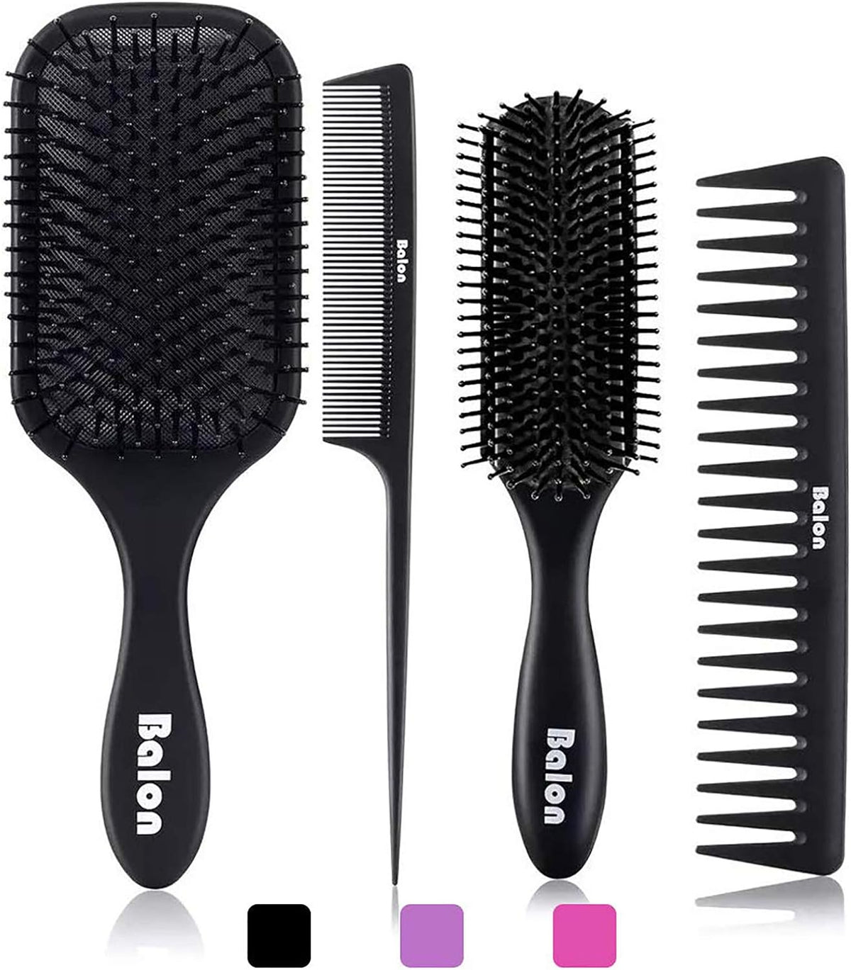 (Black) - 4Pcs Paddle Hair Brush, Detangling Brush and Hair Comb Set for Men and Women, Great on Wet or Dry Hair, No More Tangle Hairbrush for Long Thick Thin Curly Natural Hair (Black)