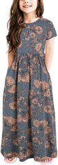 Girl'S Short Sleeve Floral Print Loose Casual Holiday Long Maxi Dress with Pockets 4-12 Years