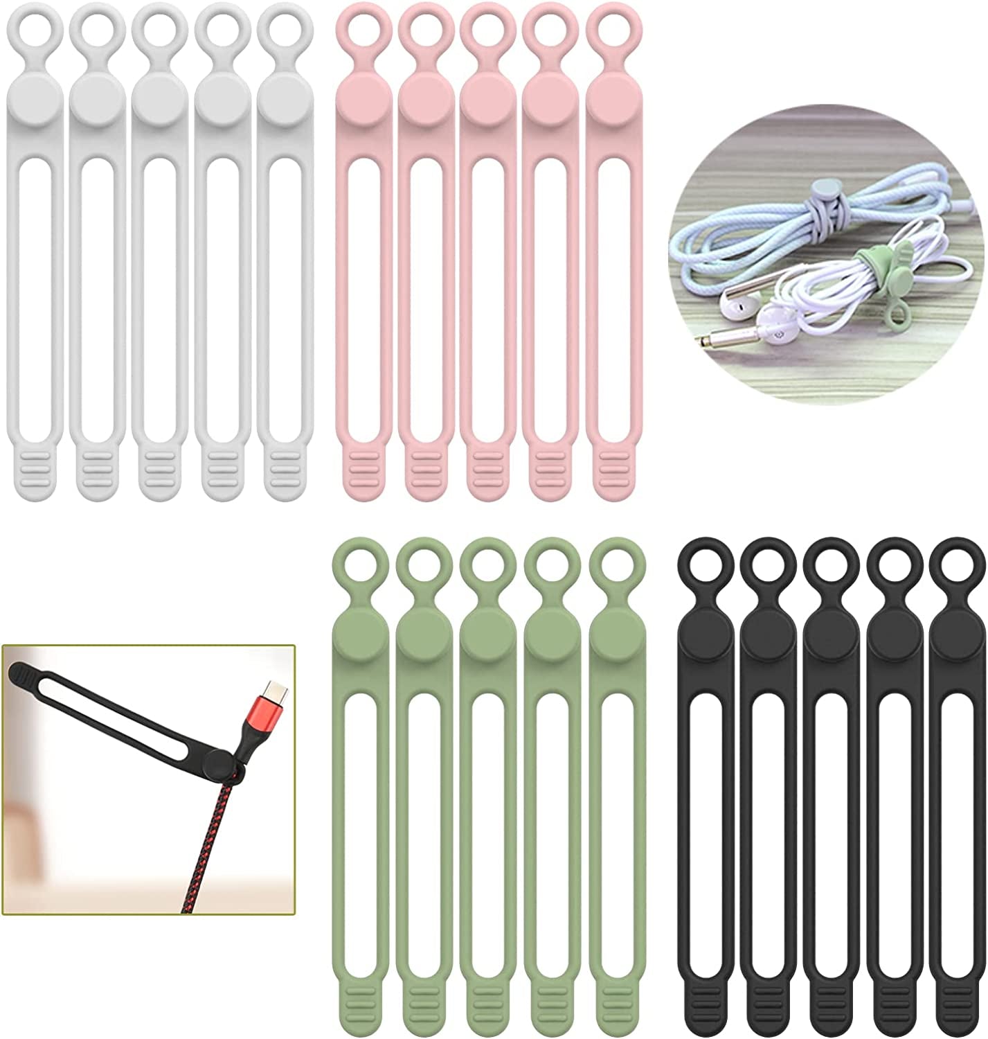 [20Park] Silicone Cable Ties,Reusable Cable Management Organizer, Multipurpose Elastic Cord Organizer for Bundling and Fastening Cable Cords Wires(Black,White,Pink,Green)