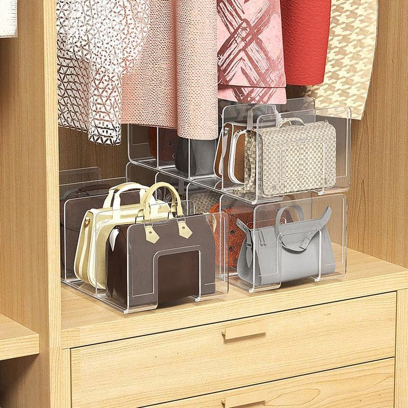 2Pcs Clear Plastic Purse Handbag Organizer 4 Sections Bag Closet Shelf Divider Purse Display Stand Handbag Storage Organizer Clear Desk File Sorter Stand Holder Bookshelf (2)