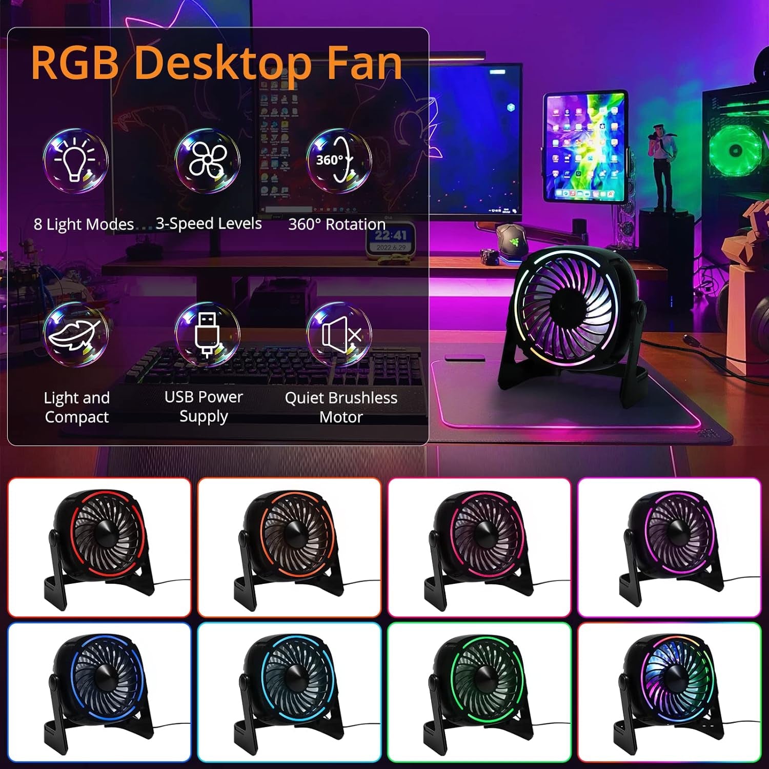 RGB Small USB Desk Fan, 6 Inch Small Fan with 8 Light Modes, Mini USB Fan with 3 Speeds, 60 Inch Cord, 360° Rotation, Quiet Operation, Portable Desk Fan for Rooms, Offices, Car, Travel