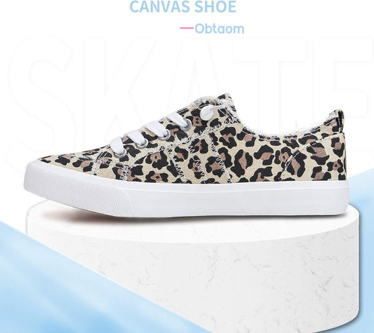 Women'S Play Fashion Sneaker White Color Washed and Leopard Canvas Slip on Shoes