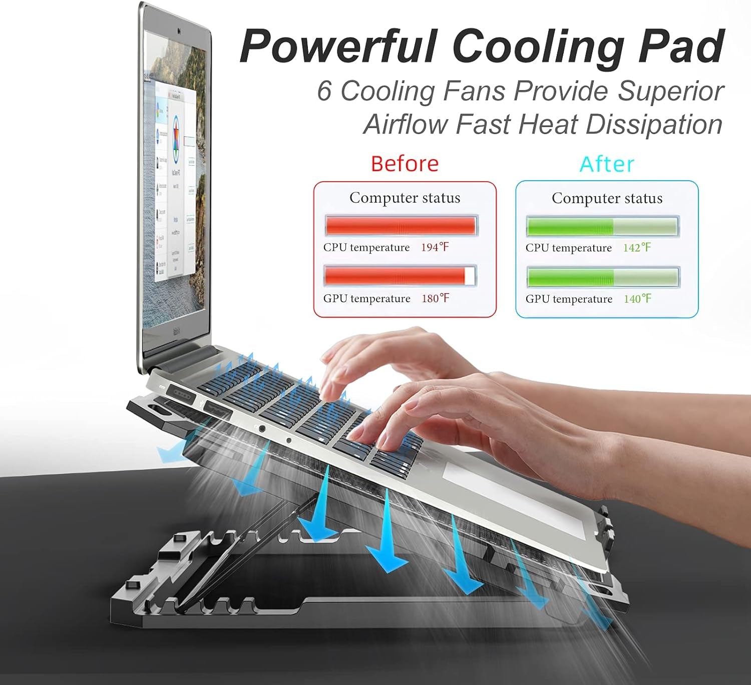 Laptop Cooling Pad with 6 Cooling Fans, Cooling Pad for Laptop Fan 13-15.6 Inch, Laptop Cooler Stand with 6 Height Adjustable, Notebook Cooler Pad with Two USB Port [2022 Version]