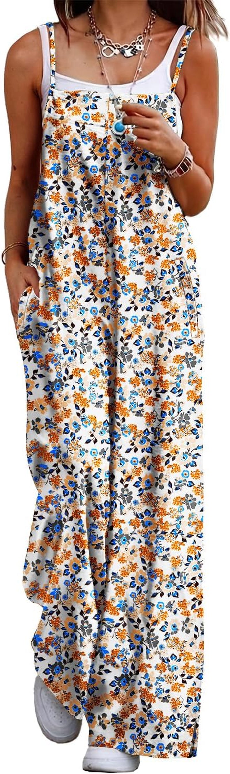 Women'S Summer Boho Casual Jumpsuits Wide Leg Overalls Floral Print Baggy Rompers with Pockets PZZCR