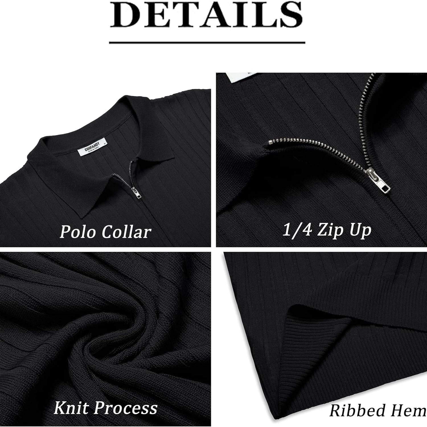 Men'S Zipper Polo Shirts Short Sleeve Ribbed Knit Polo T Shirts Fashion Casual Golf Shirts