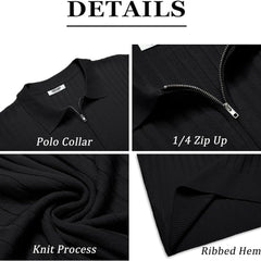 Men'S Zipper Polo Shirts Short Sleeve Ribbed Knit Polo T Shirts Fashion Casual Golf Shirts