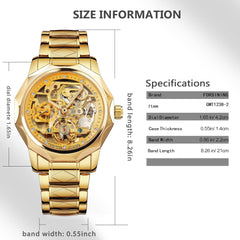 Men'S Skeleton Automatic Tourbillon Watch Self-Wind Hollow Mechanical Watch Tourbillion Rhombus Stainless Steel Wristwatch Gold & Black